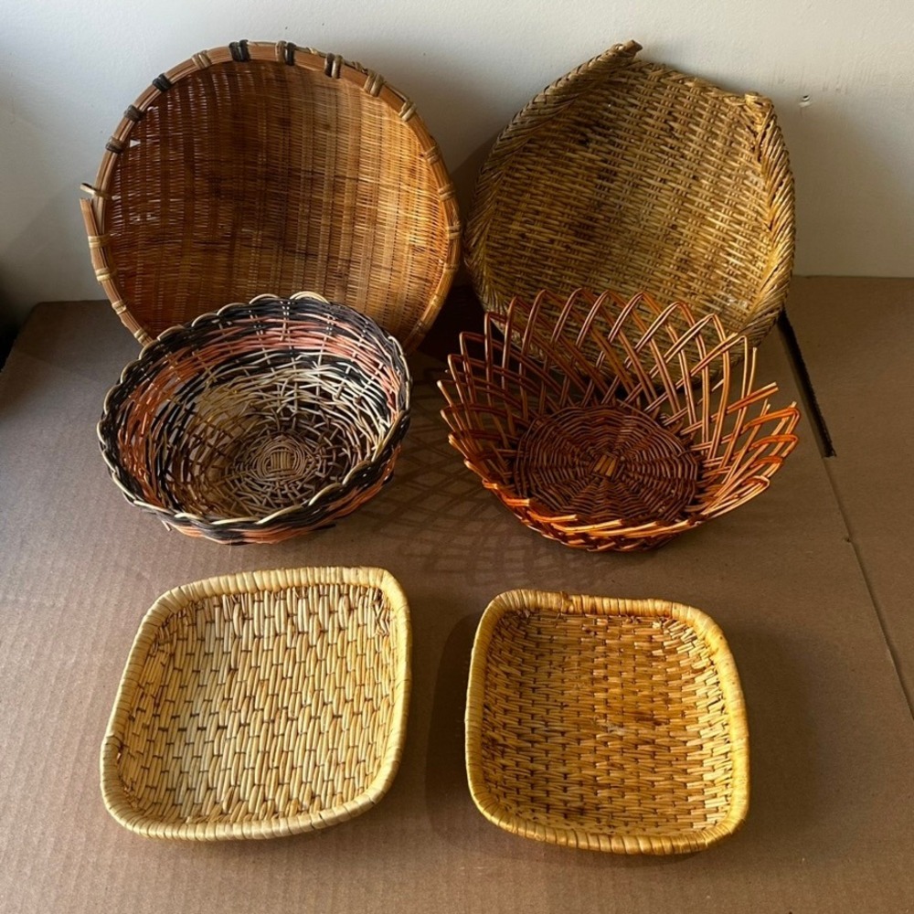 Vintage Woven Wicker Basket Lot 6pc Boho Wall Decor Trays Bowls Natural Wood